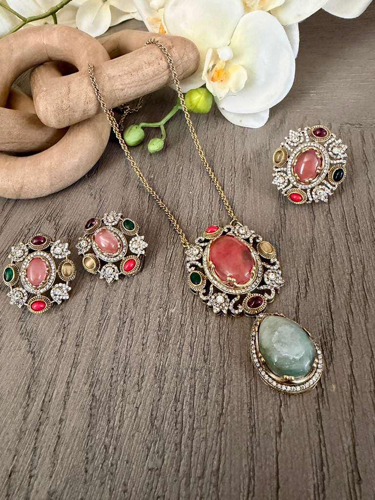 Vintage Style Statement Necklace Earrings and Ring with Oval Pendant , Gold Plated Bridal Jewelry
