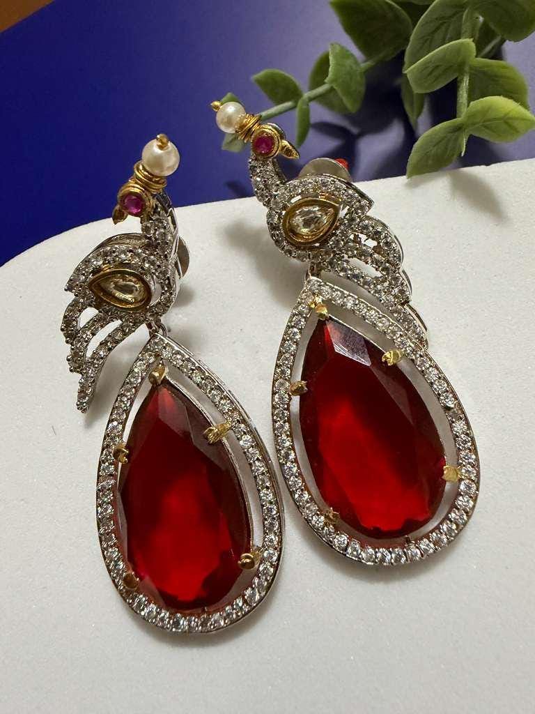 Ruby Red Peacock Earrings Statement Drop Earrings Luxury CZ Bridal Earrings - Image 2