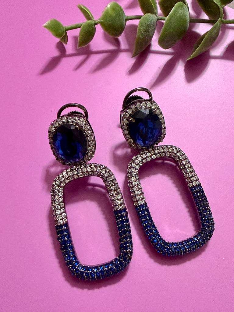 Royal Blue Crystal Drop Earrings Geometric Statement Earrings Luxury CZ Oval Link Earrings - Image 2
