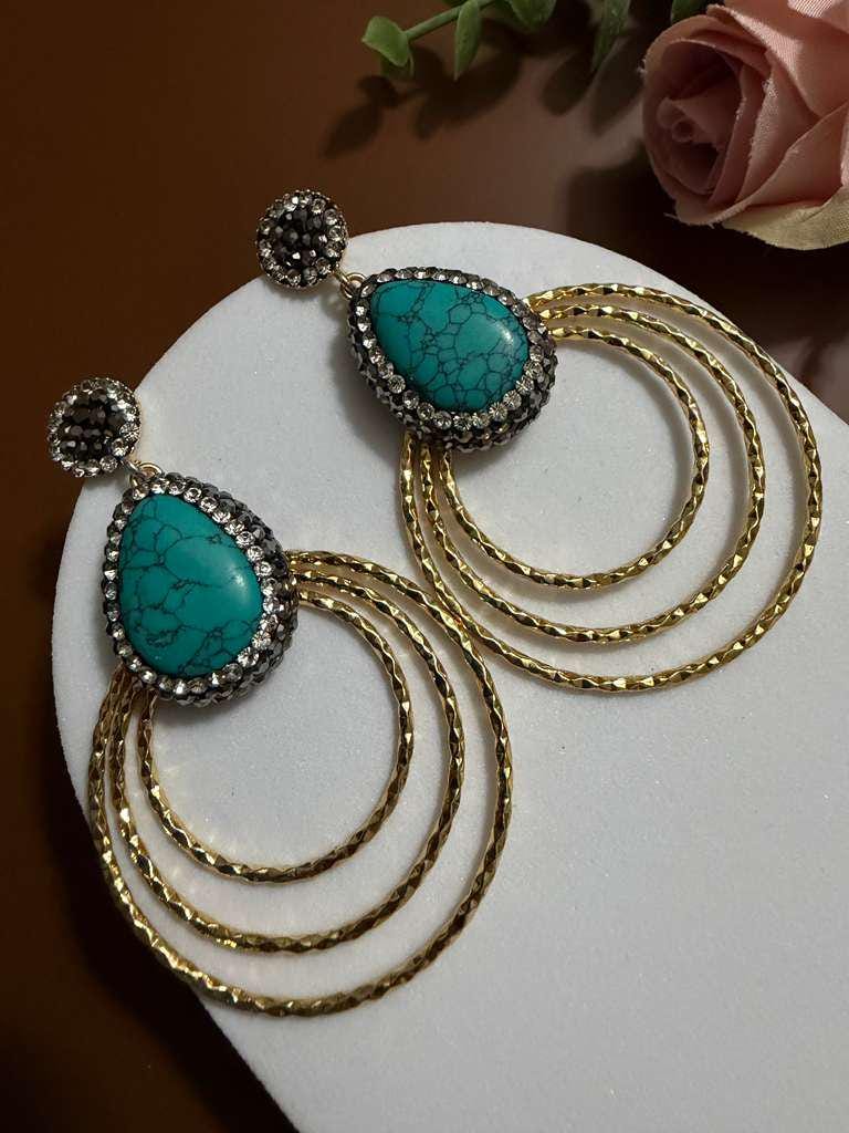 Turquoise Hoop Statement Earrings Gold Circle Drop Earrings Boho Chic Gemstone Earrings