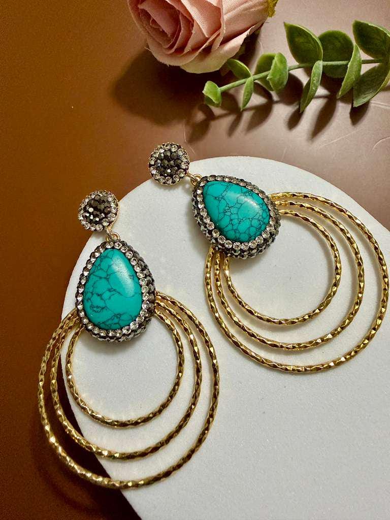 Turquoise Hoop Statement Earrings Gold Circle Drop Earrings Boho Chic Gemstone Earrings - Image 2