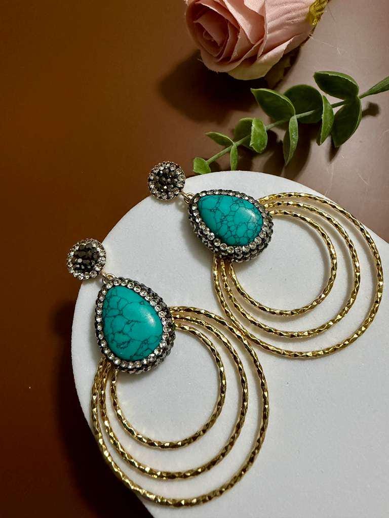 Turquoise Hoop Statement Earrings Gold Circle Drop Earrings Boho Chic Gemstone Earrings - Image 3