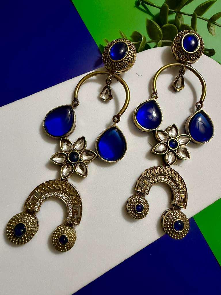 Royal Blue Boho Statement Earrings Vintage Floral Drop Earrings Ethnic Designer Earrings