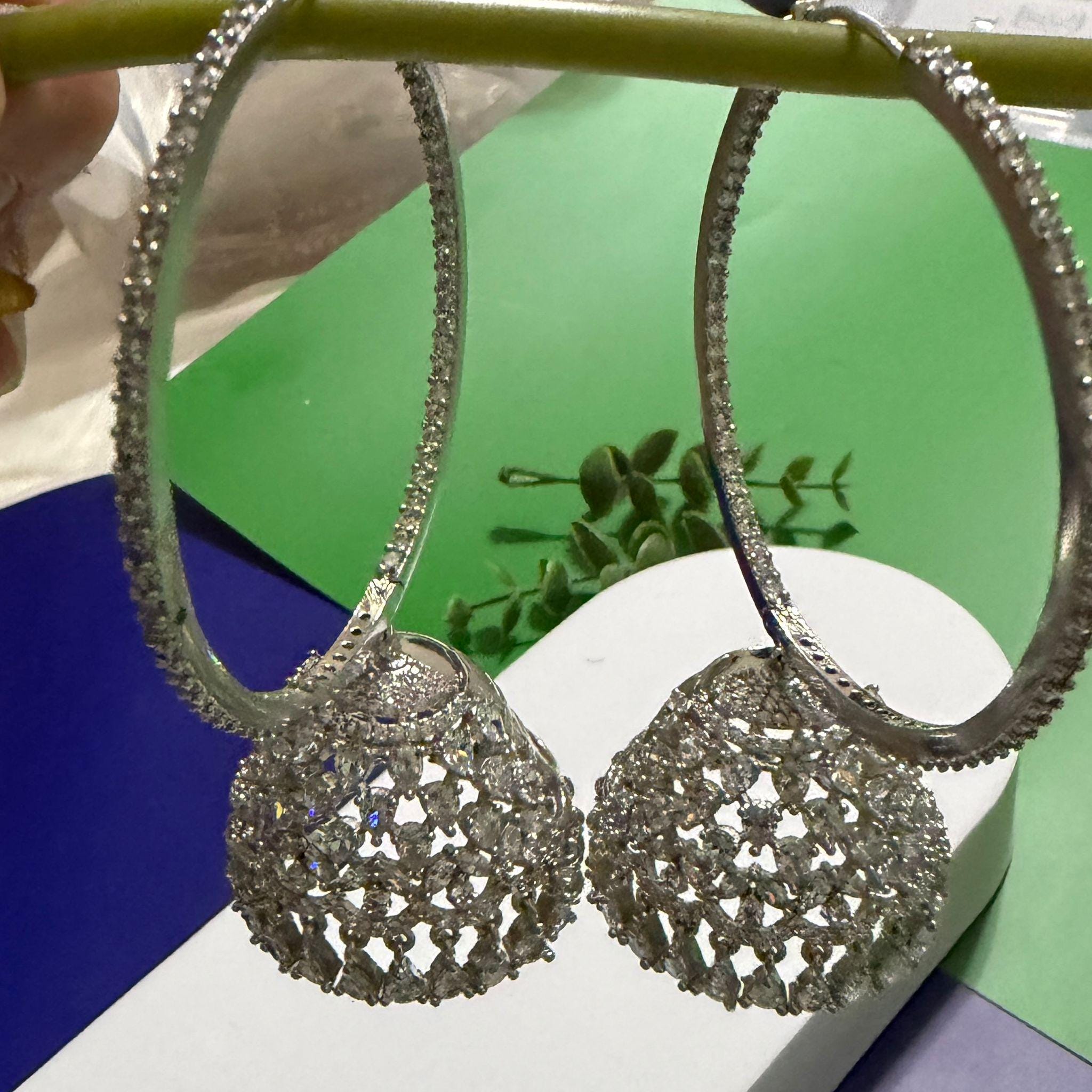 Silver Hoop Jhumka Earrings Luxury CZ Statement Earrings Oversized Designer Chandbali - Image 3