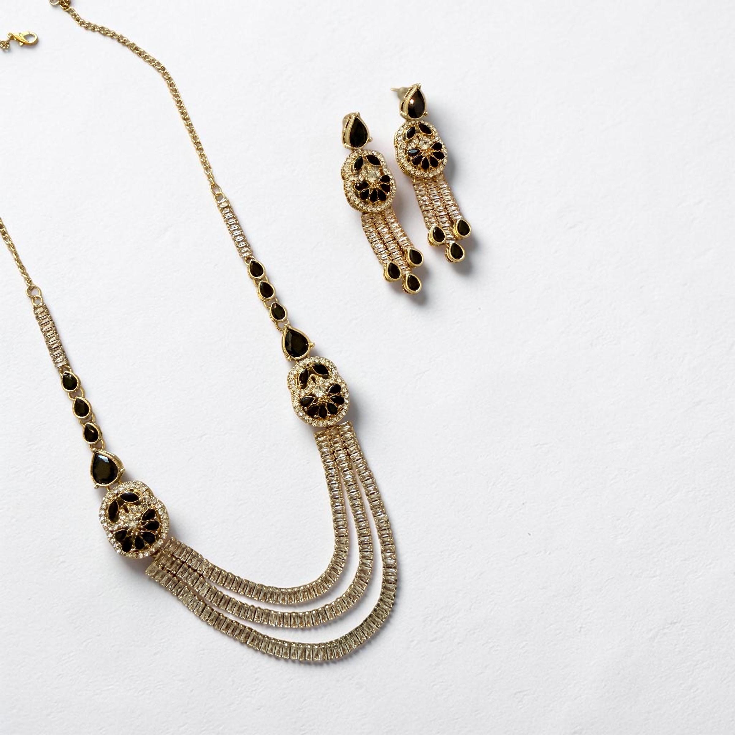 Black Stone Gold Finish Necklace Set | Pearl Drop Earrings | Elegant Party Jewelry | Handmade Minimal Gift for Her