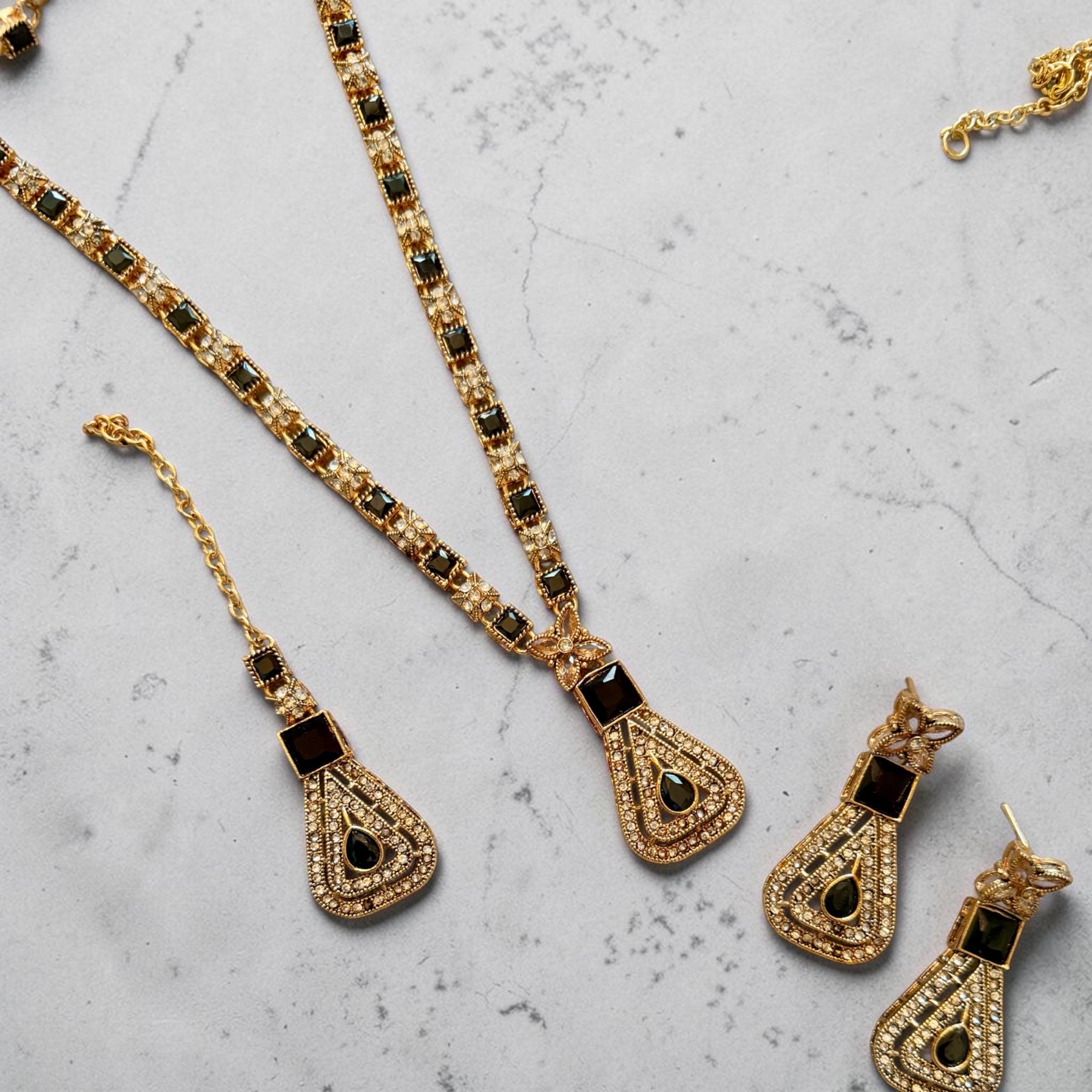 Black Stone Gold Finish Necklace Set | Pearl Drop Earrings | Elegant Party Jewelry | Handmade Minimal Gift for Her - Image 4