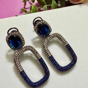Royal Blue Crystal Drop Earrings Geometric Statement Earrings Luxury CZ Oval Link Earrings