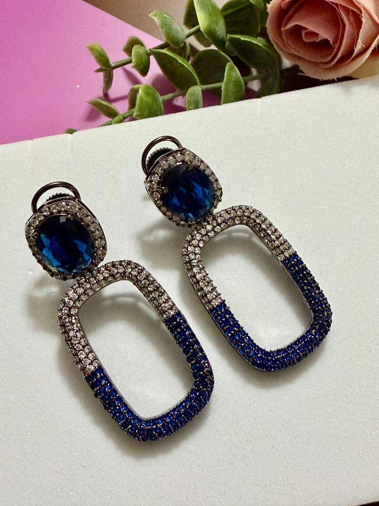 Royal Blue Crystal Drop Earrings Geometric Statement Earrings Luxury CZ Oval Link Earrings