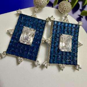 Royal Blue Geometric Statement Earrings Rectangle Drop Earrings Luxury Designer CZ Earrings