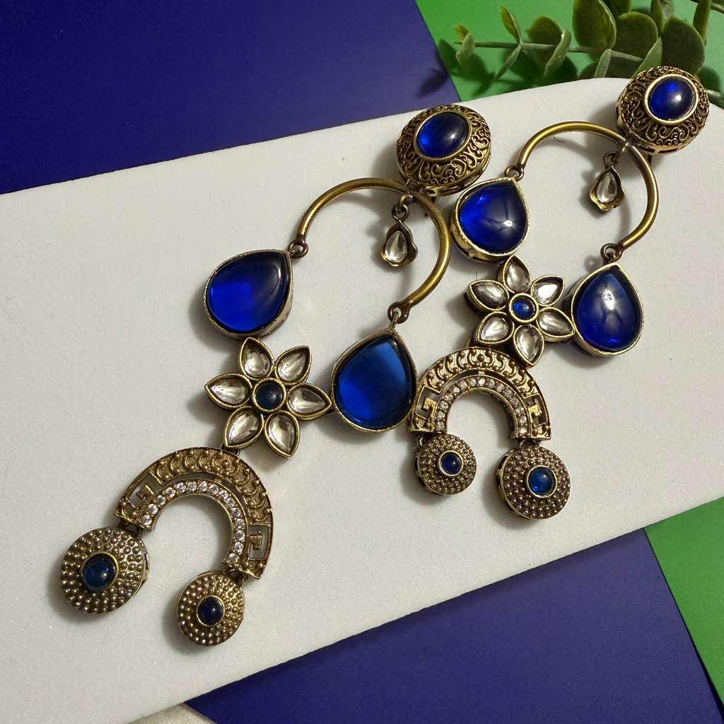 Royal Blue Boho Statement Earrings Vintage Floral Drop Earrings Ethnic Designer Earrings - Image 2