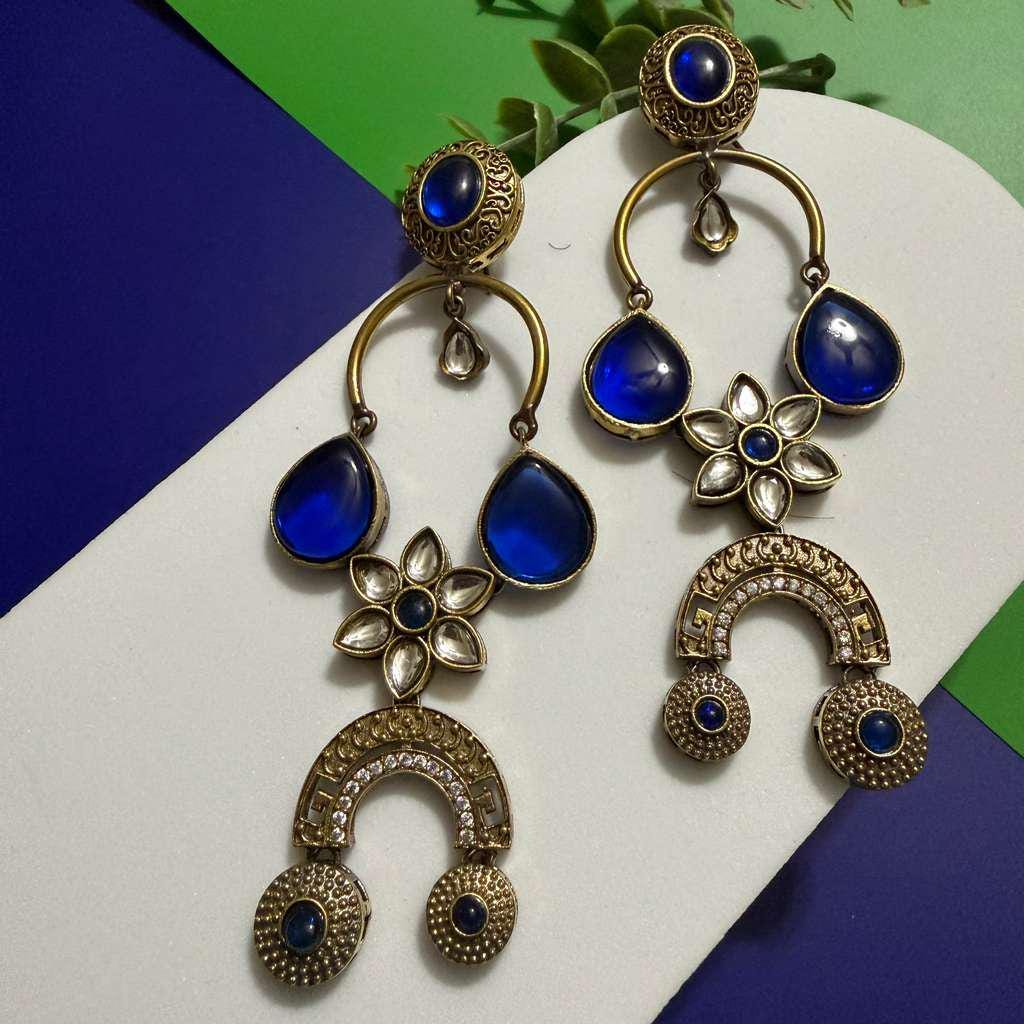 Royal Blue Boho Statement Earrings Vintage Floral Drop Earrings Ethnic Designer Earrings - Image 3