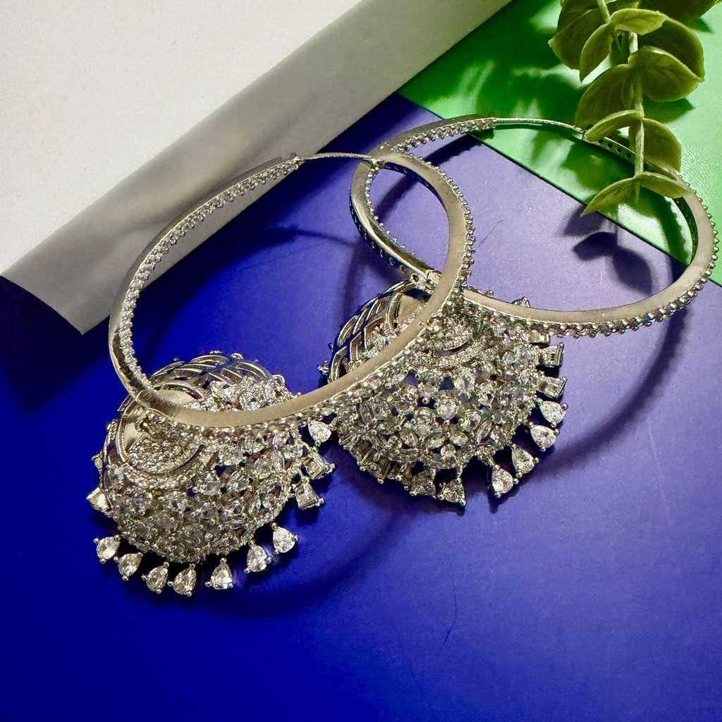 Silver Hoop Jhumka Earrings Luxury CZ Statement Earrings Oversized Designer Chandbali