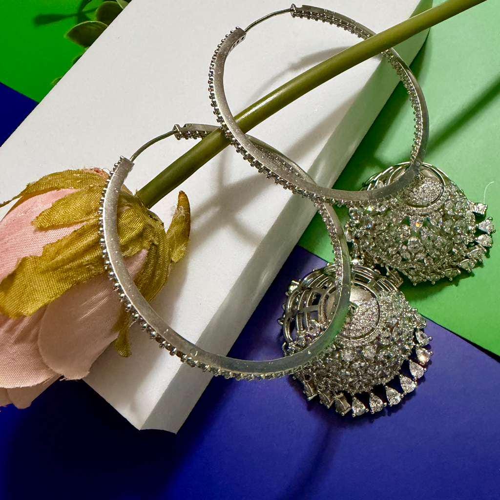 Silver Hoop Jhumka Earrings Luxury CZ Statement Earrings Oversized Designer Chandbali - Image 2
