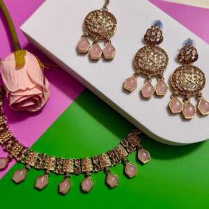 Pink Kundan Choker Set with Matching Earrings Rose Gold Bridal Jewelry Set Pastel Wedding Necklace