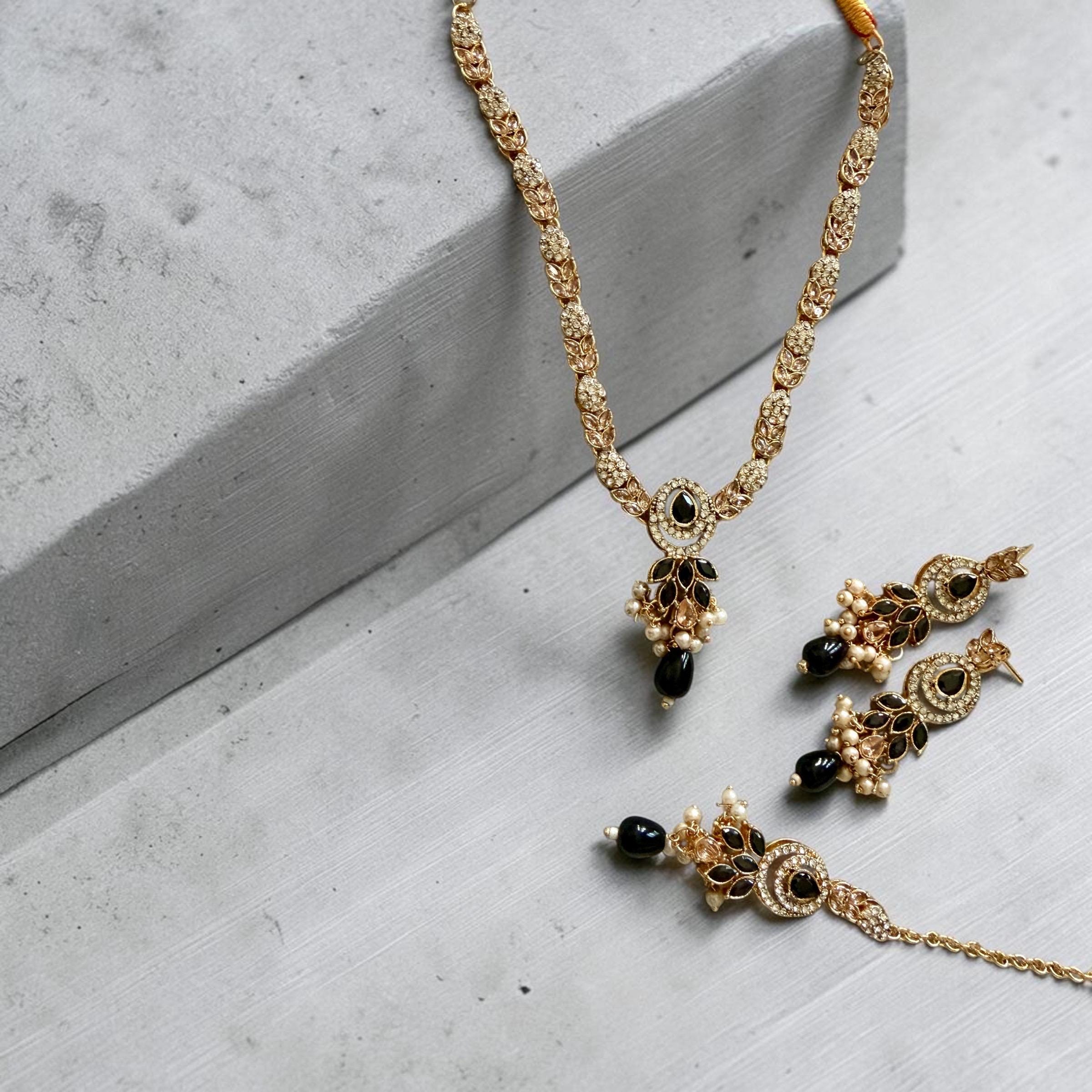 Black Stone Gold Finish Necklace Set | Pearl Drop Earrings | Elegant Party Jewelry | Handmade Minimal Gift for Her - Image 5