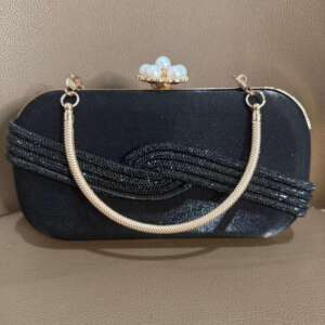 Black Satin Evening Clutch Pearl Closure Handbag Elegant Party Purse Wedding Shoulder Bag